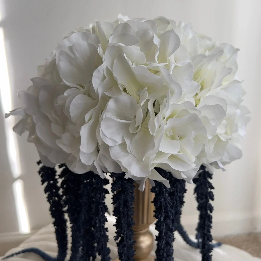 White Hydrangea and Blue Cascading Floral Centerpiece Arrangement in‎ Gold Urn